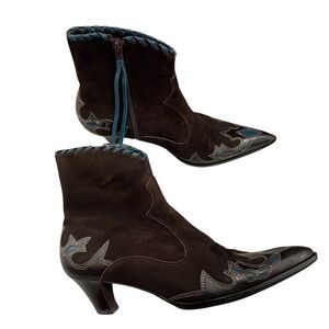 ANTONIO MELANI Dark Brown and Blue Low Heel Pointed Toe Ankle Boots